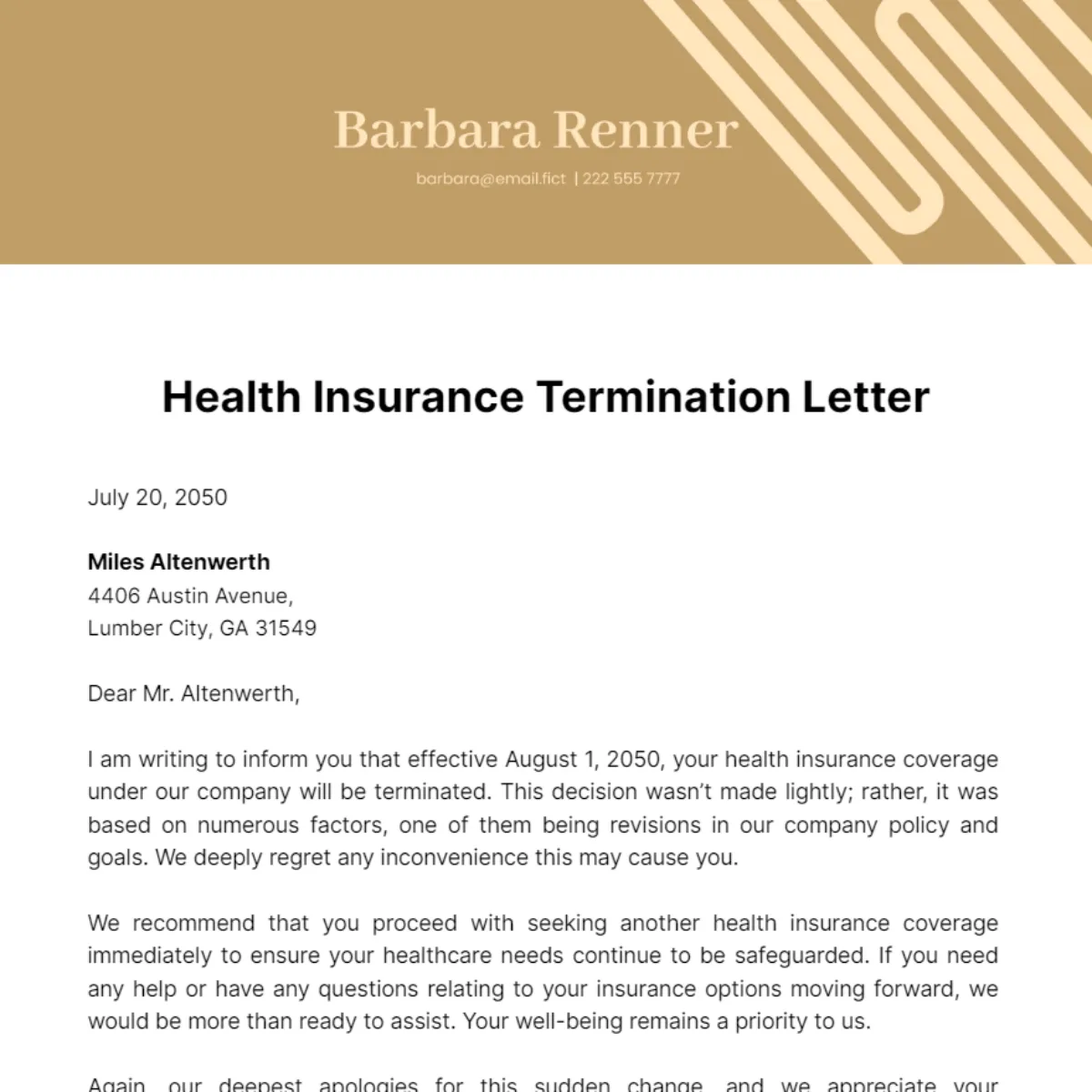 proof of termination of health insurance notice template