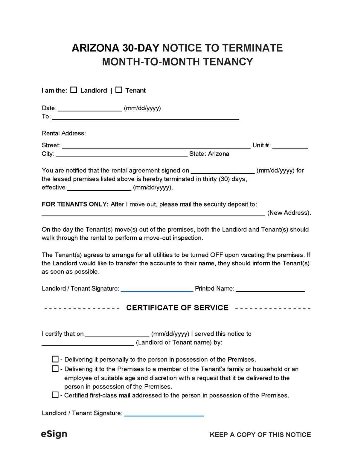 Arizona 30 Day Eviction Notice Template