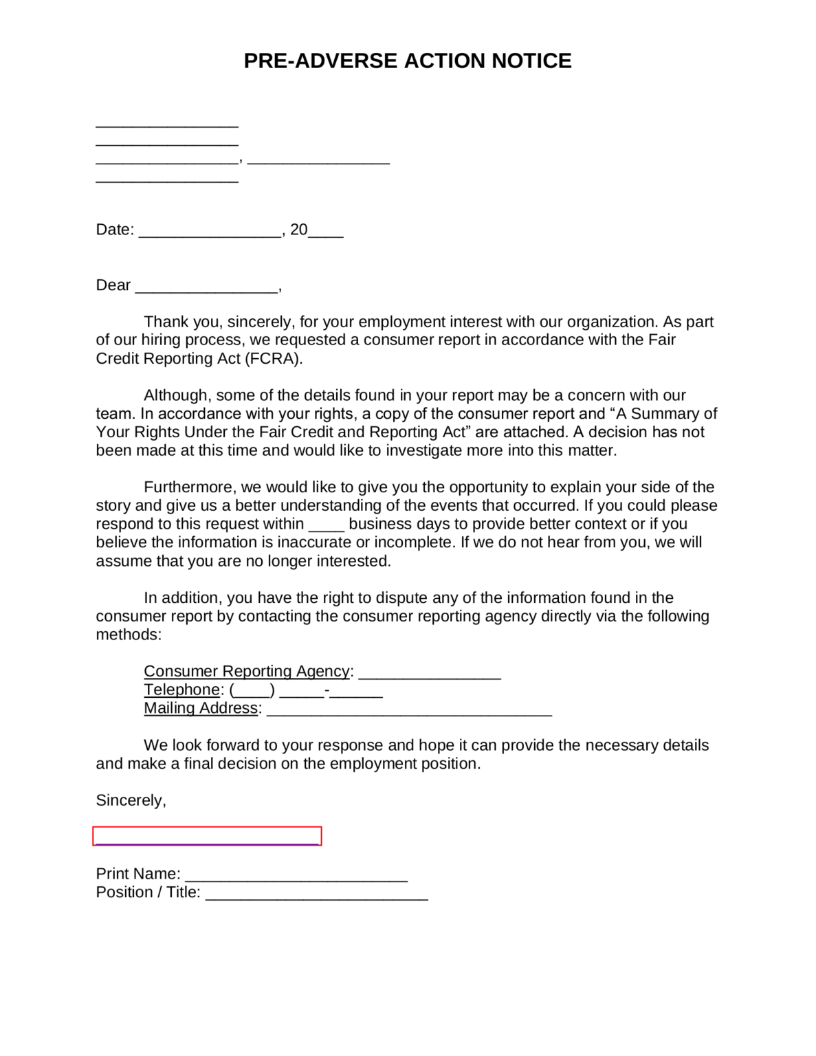 Pre-Adverse Action Notice Template