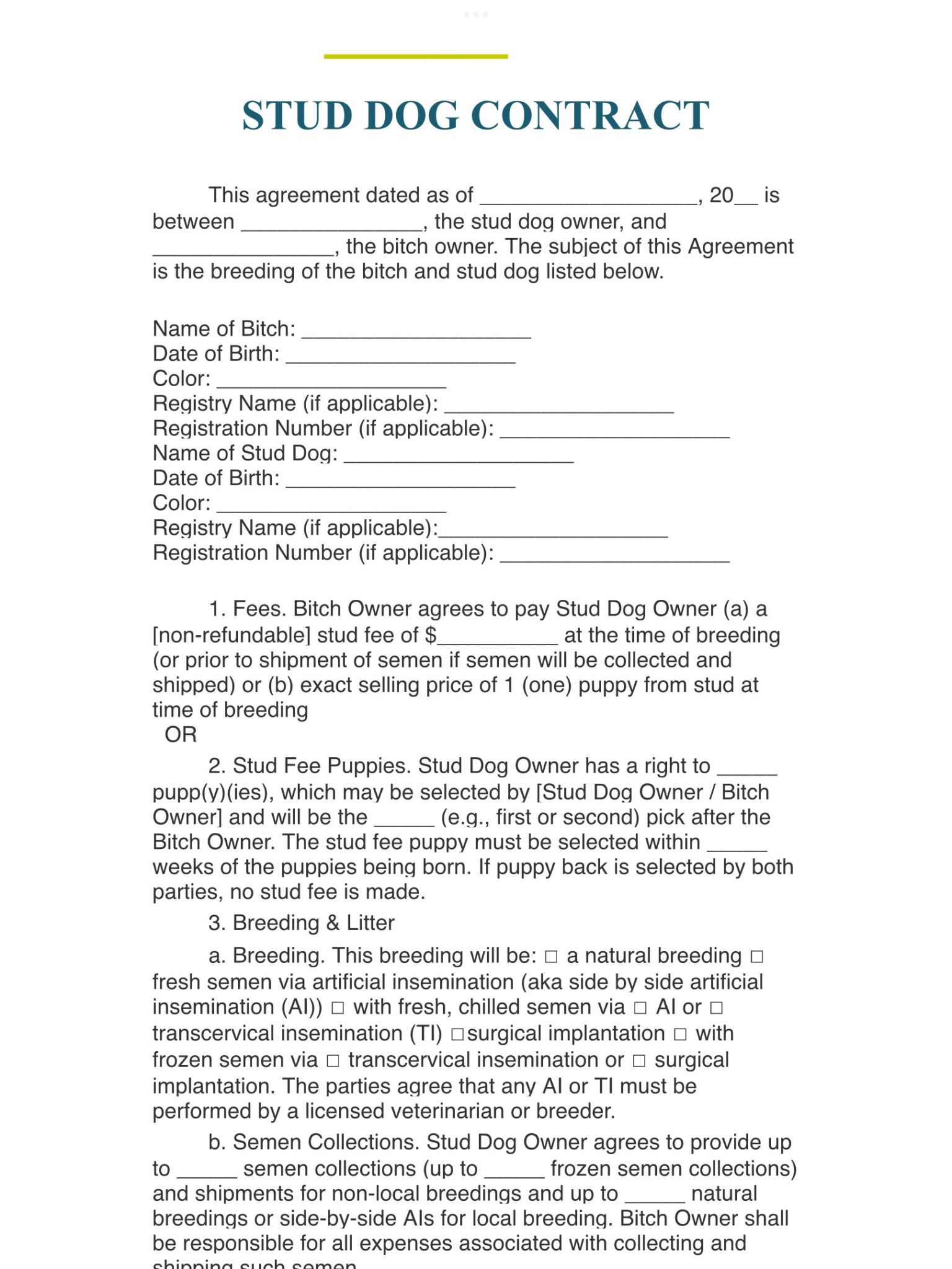 Stud Dog Breeding Contract Template