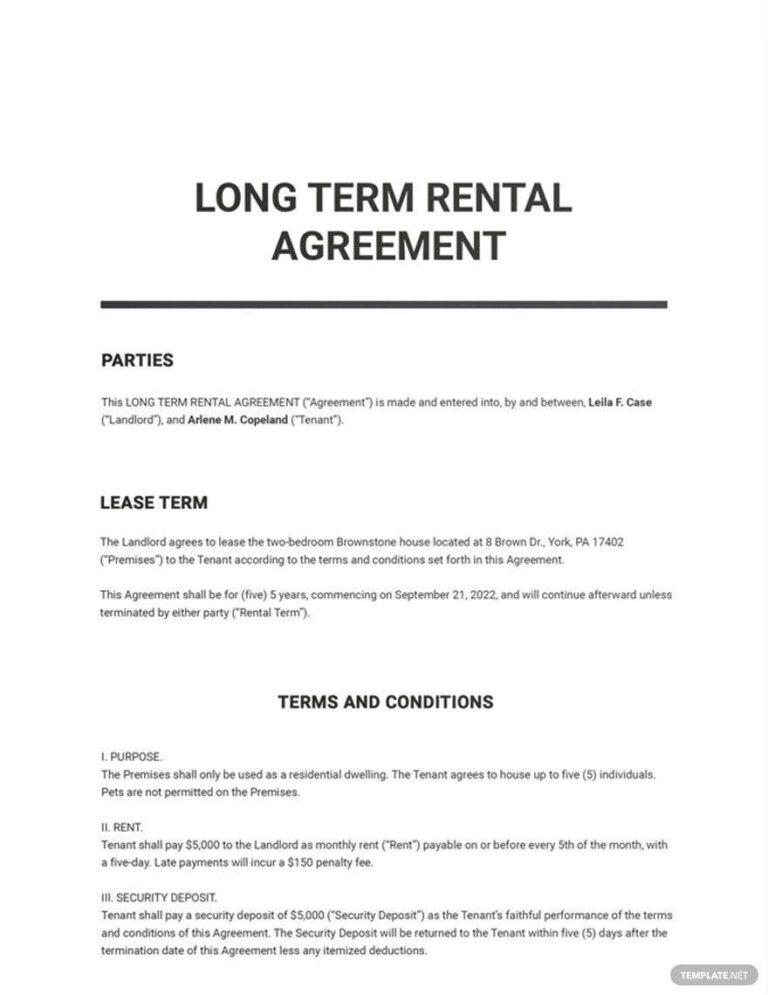 Sample Rent Scenario Long Term Rental Contract Template