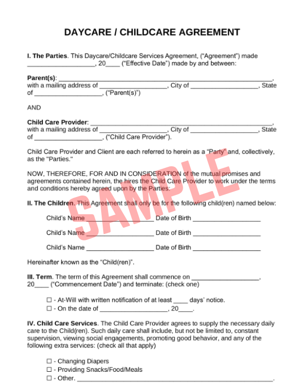 In Home Child Care Contract Template