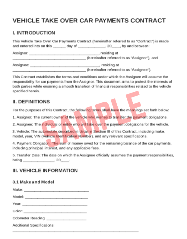 Take Over Car Payments Contract Template