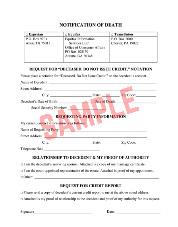 Notice Of Death To Creditors Template
