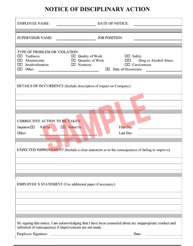 Notice Of Disciplinary Action Template