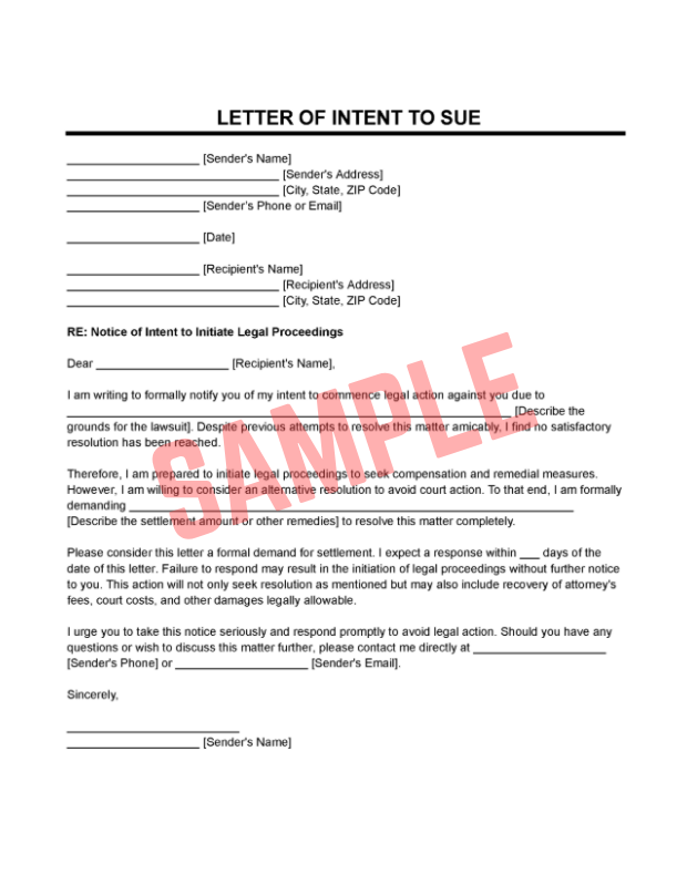 Notice Of Intent To Sue Template