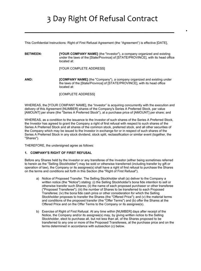 3 Day Right Of Refusal Contract Template