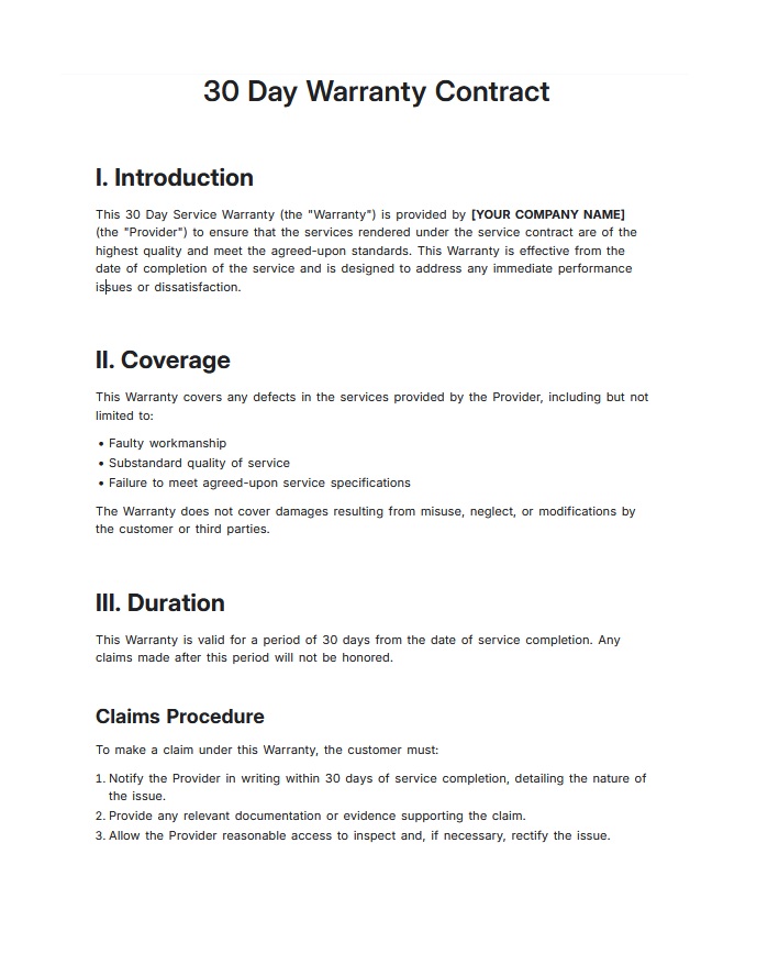 30 Day Warranty Contract Template