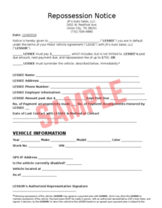 Notice Of Repossession Letter Template