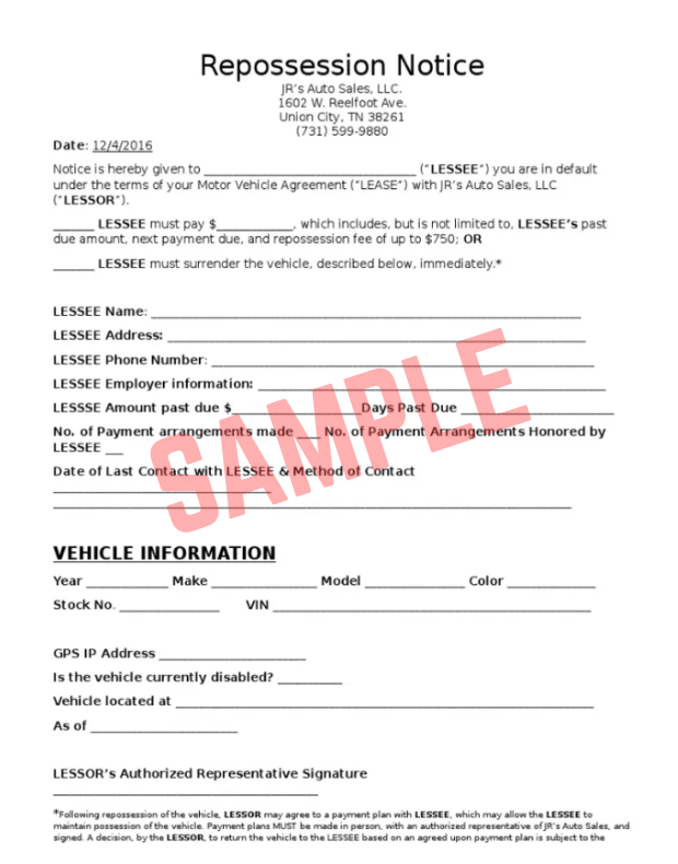 Notice Of Repossession Letter Template