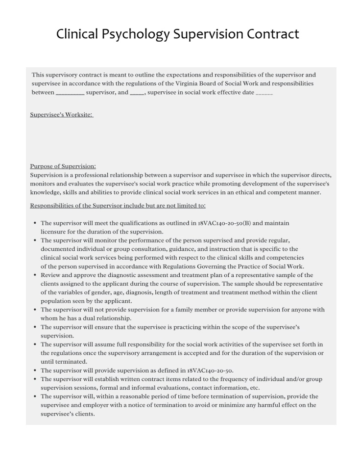 Clinical Psychology Supervision Contract Template