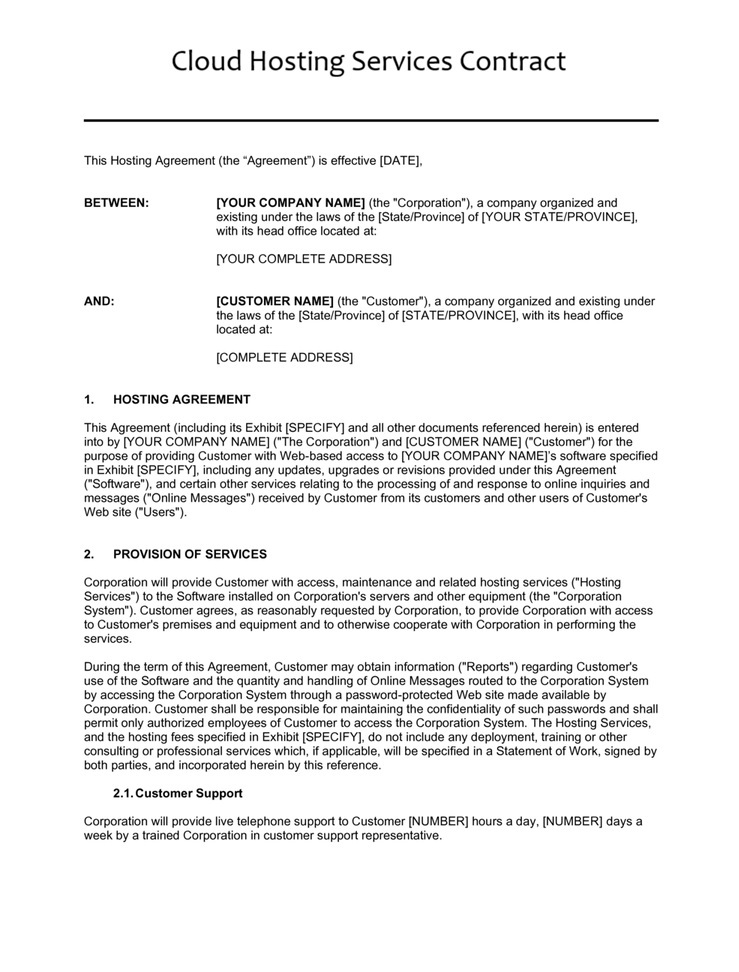 Cloud Hosting Services Contract Template