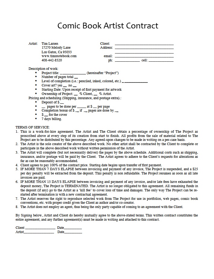Comic Book Artist Contract Template