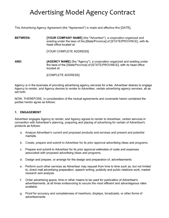 Advertising Model Agency Contract Template