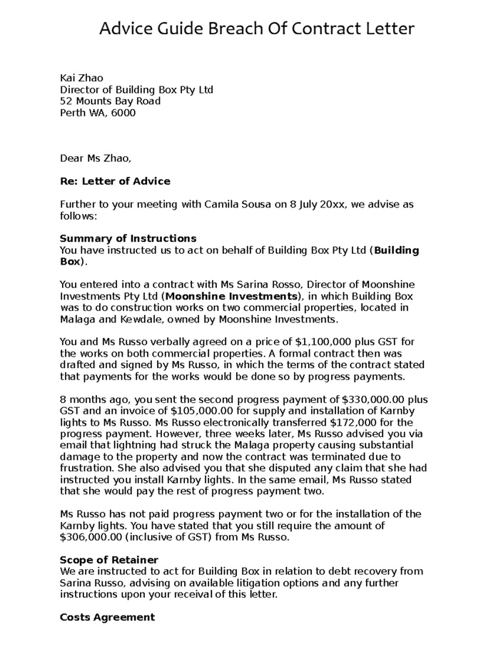 Advice Guide Breach Of Contract Letter Template