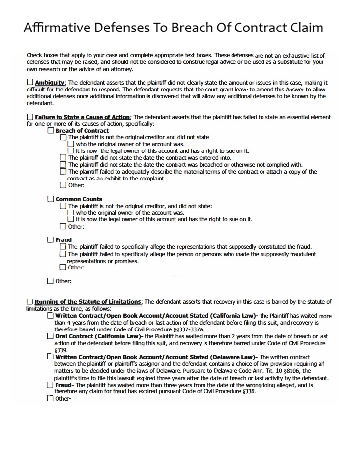 Affirmative Defenses To Breach Of Contract Claim Template