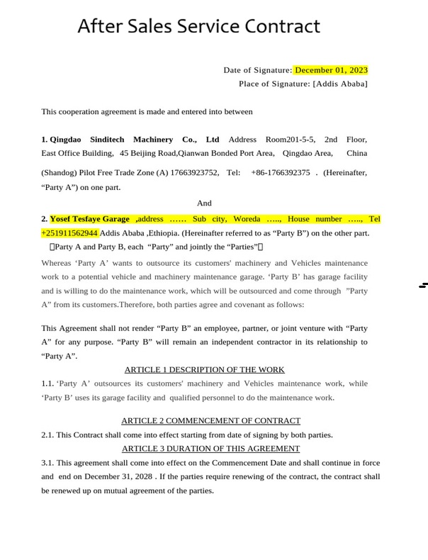 After Sales Service Contract Template