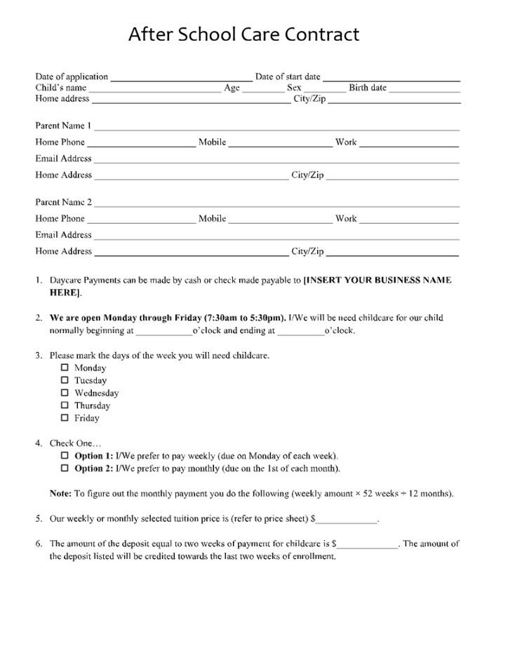 After School Care Contract Template