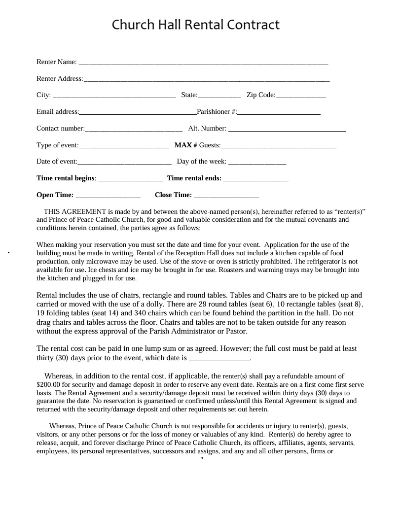 Church Hall Rental Contract Template