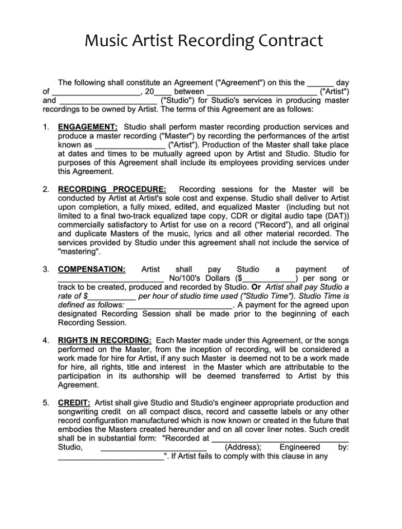 Music Artist Recording Contract Template