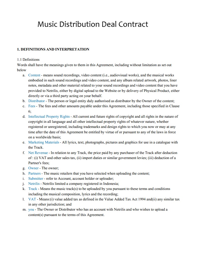 Music Distribution Deal Contract Template