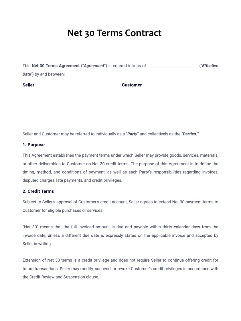 Net 30 Terms Contract Template