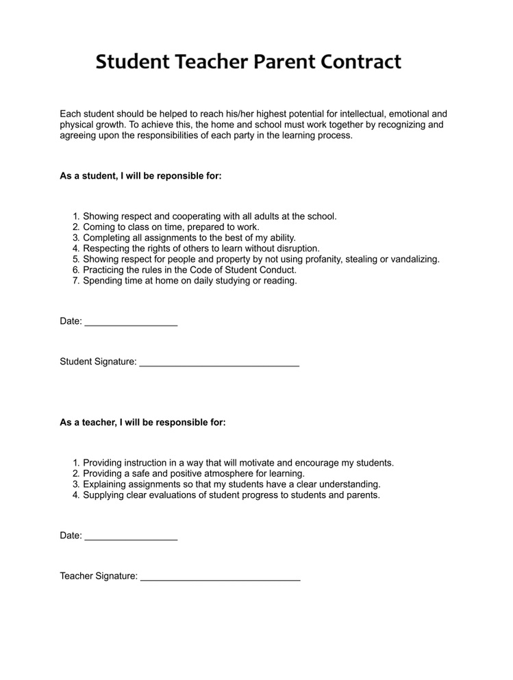 Student Teacher Parent Contract Template