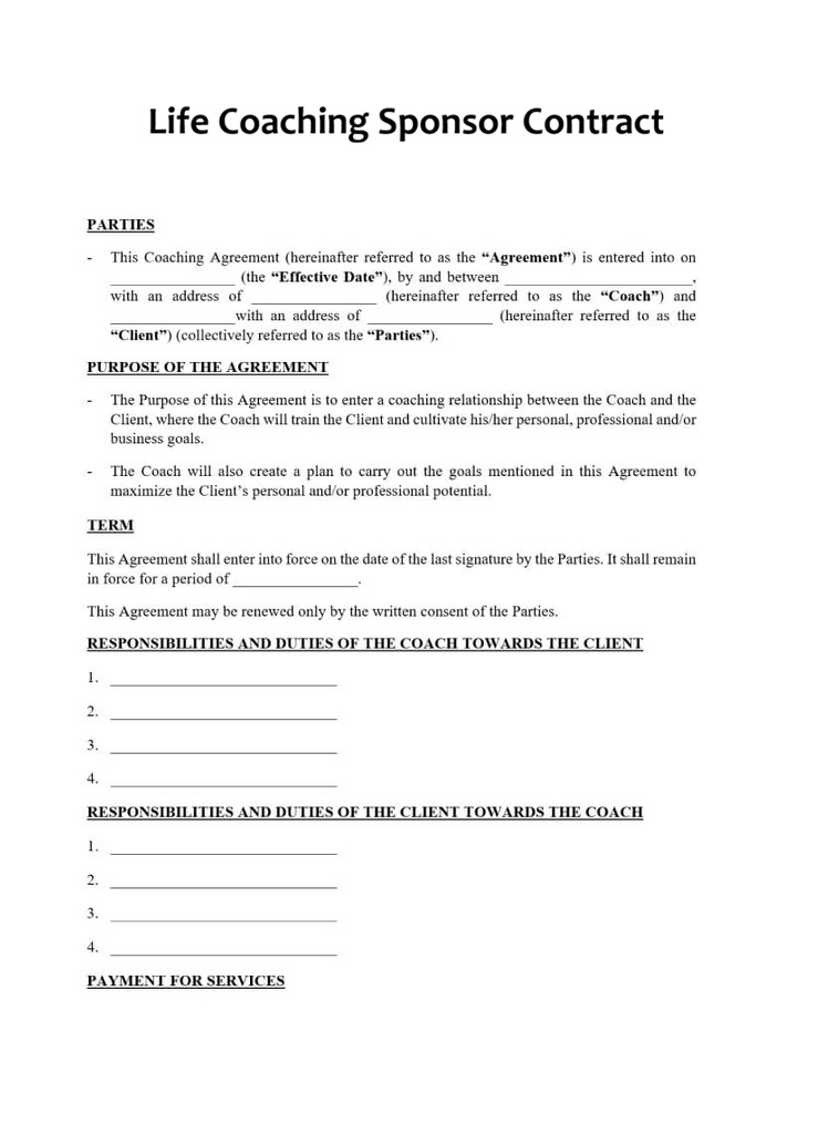 Life Coaching Sponsor Contract Template