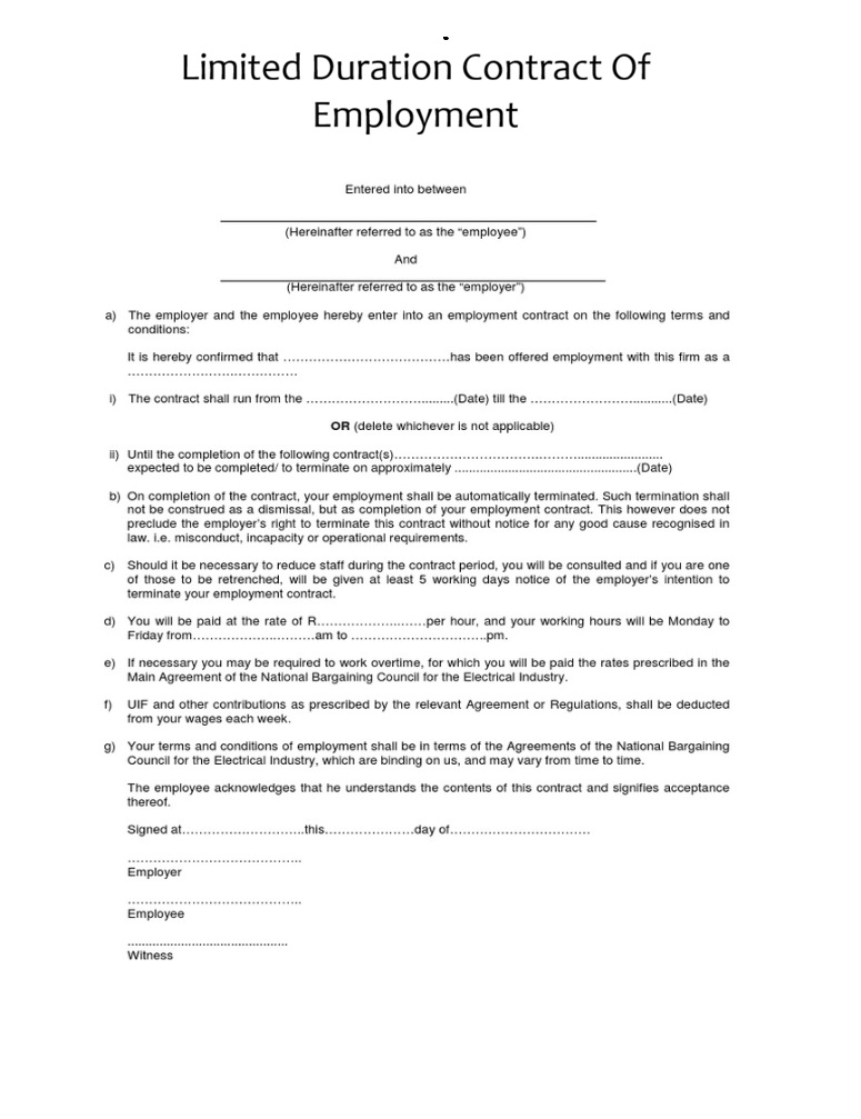Limited Duration Contract Of Employment Template