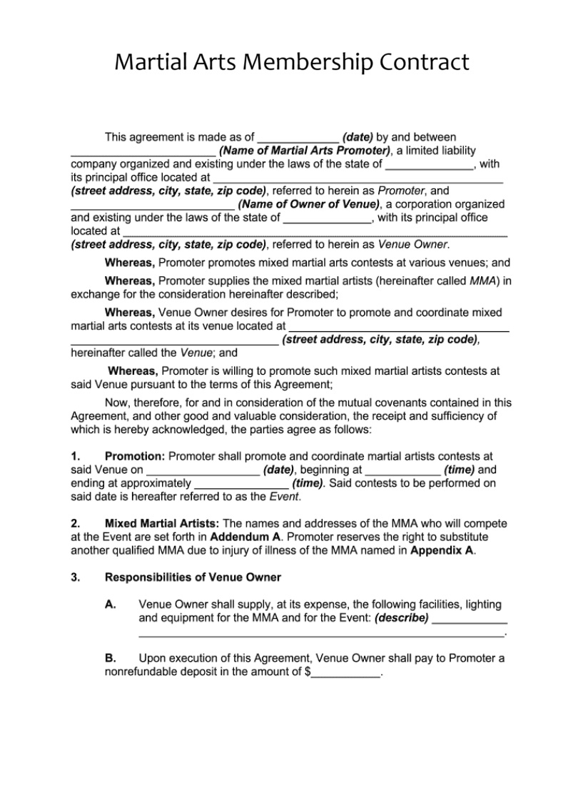Martial Arts Membership Contract Template