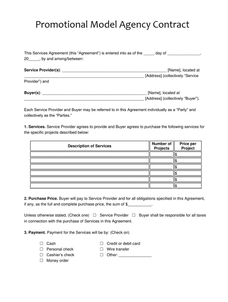 Promotional Model Agency Contract Template